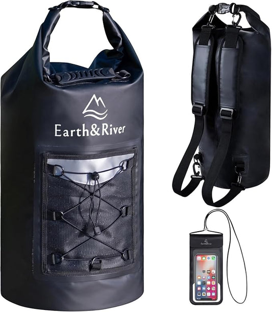 EARTH&RIVER Premium Dry Bag Backpack, Extra Thick, Protection for All Water Activities & Camping, Floating Lightweight Dry Bag with Inside Pocket Storage & IPX8 Waterproof Phone Case (Black, 20L)