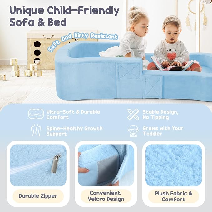 Toddler Travel Bed, 2-in-1 Foldable Portable Toddler Bed Sofa Chair, Soft Baby Kids Travel Floor Cot with Washable Covers Safety Foam Raised Bumper for Camping Hotel Sleeping (Blue)