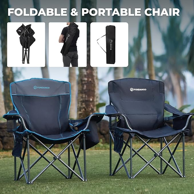 FUNDANGO Oversized Camping Chair for Adults, 2 Pack, Heavy Duty Foldable Portable Lawn Chair with Padded Seat & Back, Lumbar Support, 4-can Cooler & Cup Holder, Carry Bag Included for Outdoor (Black)