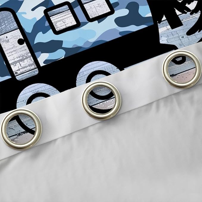 Camper Adventure Kids Blackout Curtains,RV Trailer Pine Tree Natural Rustic Nursery Bedroom Playroom Decor,Wooden Plank Cottage Farmhouse Window Drapes,Camo Blue 2 Panels,52Wx63L inch