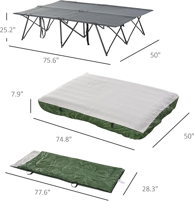 Outsunny 2-Person Folding Camping Cot Portable Outdoor Bed Set with Sleeping Bag, Inflatable Air Mattress, Comfort Pillows and Carry Bag, Soft and Comfortable for Outdoor Travel Camp Beach Vacation