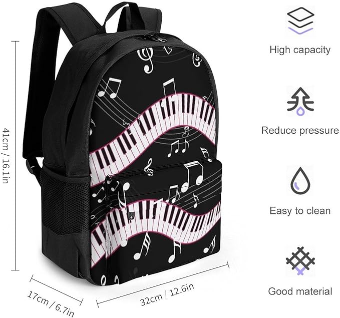 Supdreamc Lightweight Rucksacks for Camping Picnic Walking Cycling, Large Capacity Multipurpose Anti-Theft Carry On Bag, Black And White Piano Keys Music Note Travel Hiking Camping Rucksack