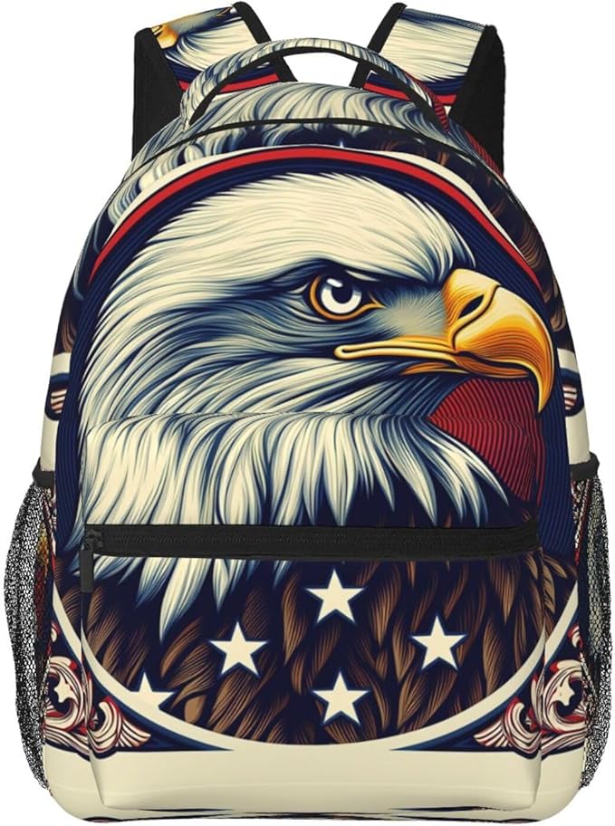 Men Women Lightweight American Flag Eagle Art Backpack Large Capacity Carry On Bag With Padded Straps for Sports Work Walking Cycling