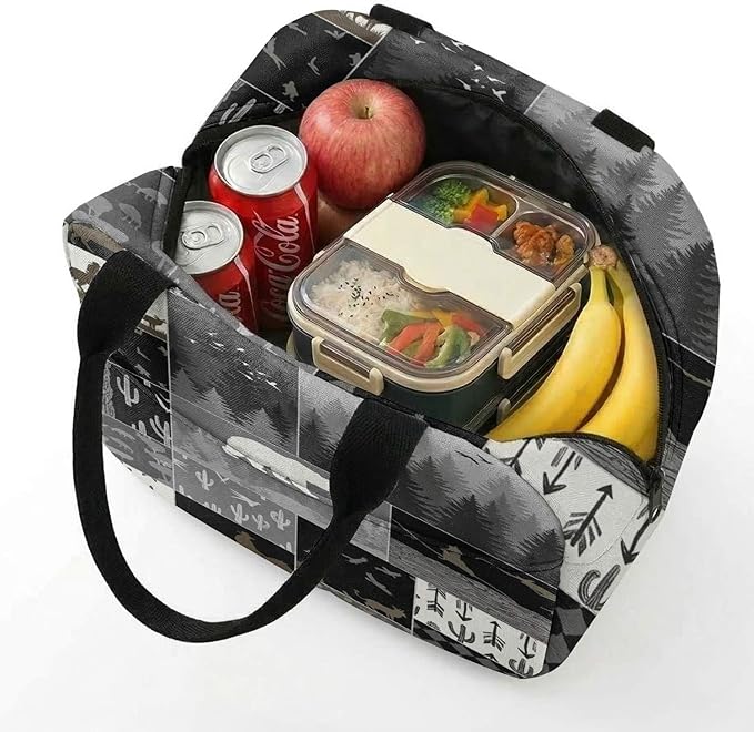 Western Retro Denim Insulated Lunch Bag Bear Deer Bird Nature Landscape Cactus Thermal Tote Portable Size (01)