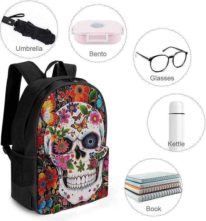 Supdreamc Lightweight Daypack Bookbag for Trekking Business Walking Cycling, Big Capacity Anti-Theft Multipurpose Carry On Bag, Magical Skull Flowers Art Business Computer Bag