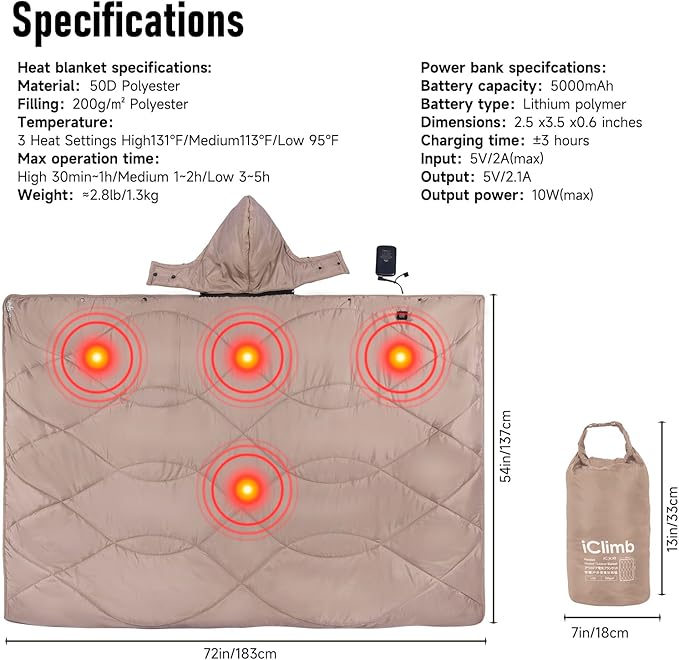 iClimb Heated Camping Blanket with Hood and Battery Pack (Khaki)