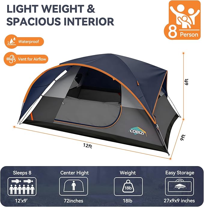 COBIZI 4-6-8-10 Person Camping Tent, Spacious Family Tents for Camping Ideal, Hiking, 3500mm Waterproof Double-Layer Windproof Tent for Hiking & Backpacking