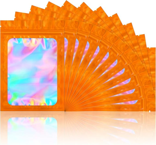 100 Pack Smell Proof Bags- Resealable Mylar Holographic Packaging Pouch Bag with Clear Window for Food Storage Eyelash Jewelry Electronics Storage (Orange, 3.5 x 4.7 Inch)