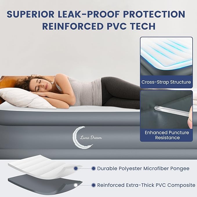 LunaDream Eclipse Series Queen Air Mattress with USB Rechargeable Built-in Pump, Wireless Inflatable Airbed, Durable Leakproof Design, Portable for Home & Camping