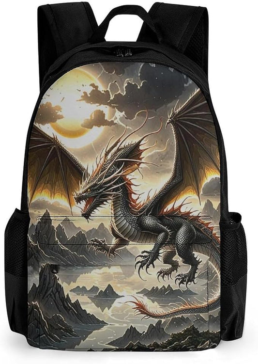 Men Women Polyester Majestic Dragon Fantasy Art Backpack Large Capacity Bookbag With Smooth Zippers for Climbing Picnic Bicycle