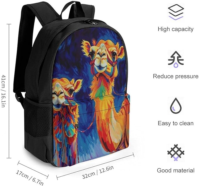 Men Women Polyester Camel Watercolor Backpack Large Capacity Bookbag With Smooth Zippers for Climbing Picnic Bicycle