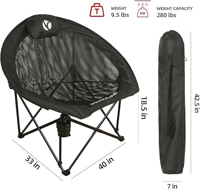 ROCK CLOUD Folding Camping Chair Oversized Padded Moon Chairs Outdoor for Camp Lawn Hiking Fishing Sports, Black