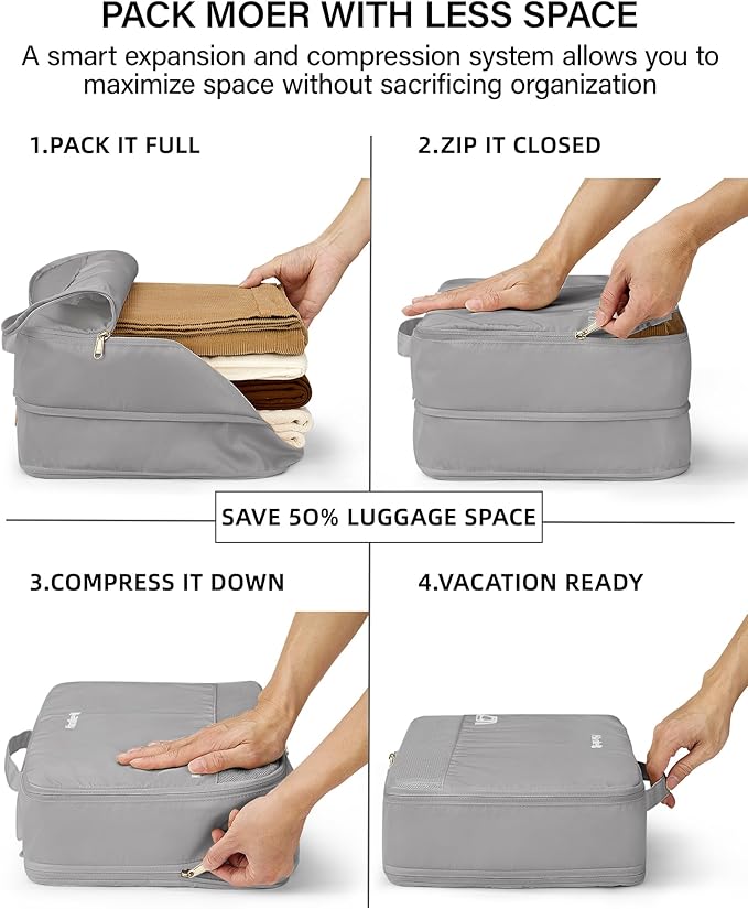 Hanke 7 Piece Expandable Compression Packing Cubes, Premium Travel Packing Organizers for Suitcases/Carry On, Luggage Organizer Bags with Breathable Mesh & Label,Light Grey