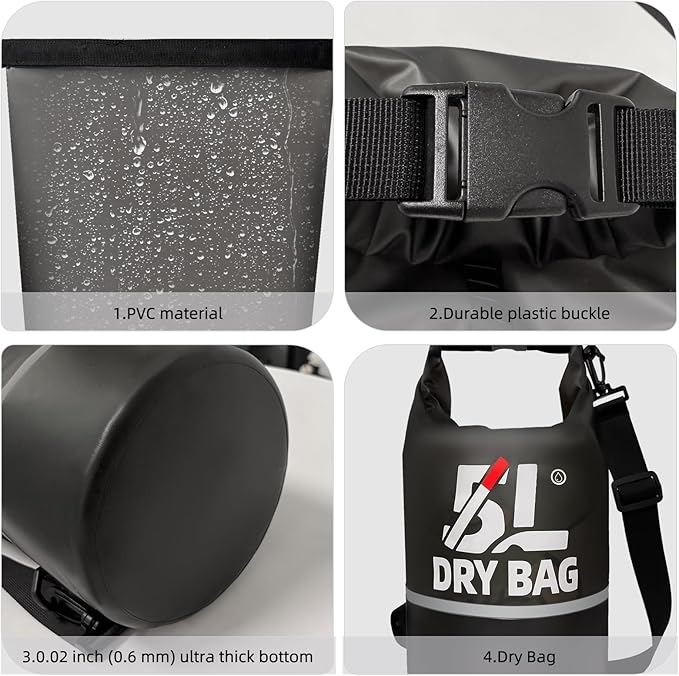 Waterproof Dry Bag for Women and Men,5L Roll Top Lightweight Storage Bag Reflective Backpack with Waterproof Phone Pouch Suitable for Travel Swimming Boating Kayaking Paddle Accessories