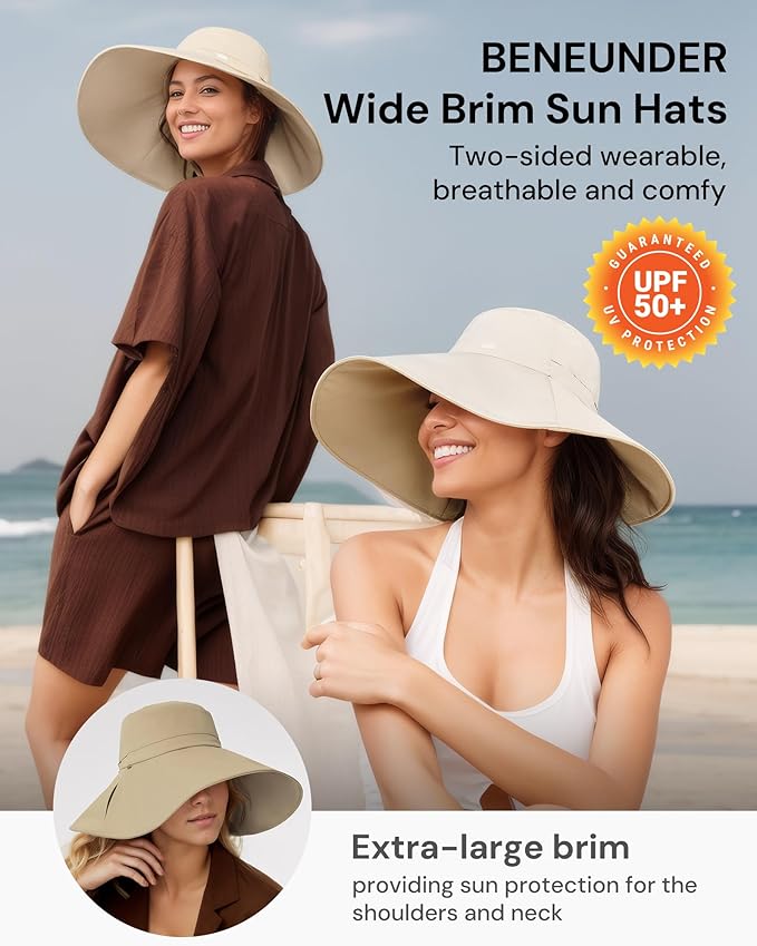 BENEUNDER Reversible Wide Brim Sun Bucket Hats UPF50+ UV Protection Foldable for Women Outdoor Beach Vacation Travel