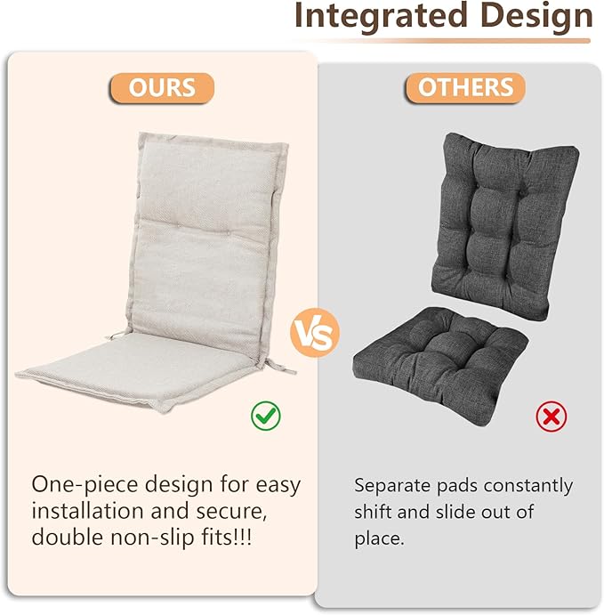 C-Hopetree Indoor High Back Rocking Chair Cushions for Glider and Swivel Rocker, Outdoor Replacement Highback Dining Seat Pads with Back Elastic and Ties, 18" x 42" x 1.5", Beige, Set of 2