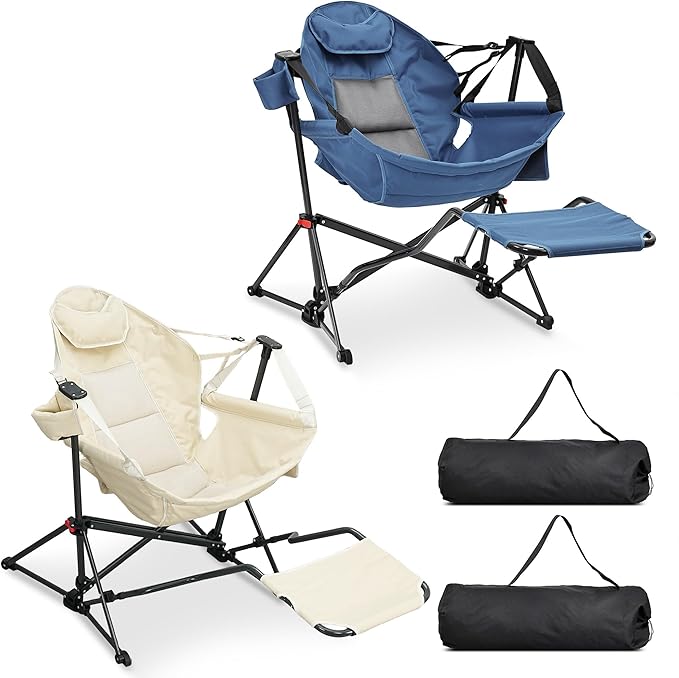 Ainfox Hammock Camping Chair with Footrest, Heavy Duty Foldable Portable Rocking Hammock Chairs Outside Swinging Camp with Cup Holder Pillow for Outdoor Patio Poolside Beige Dark Blue