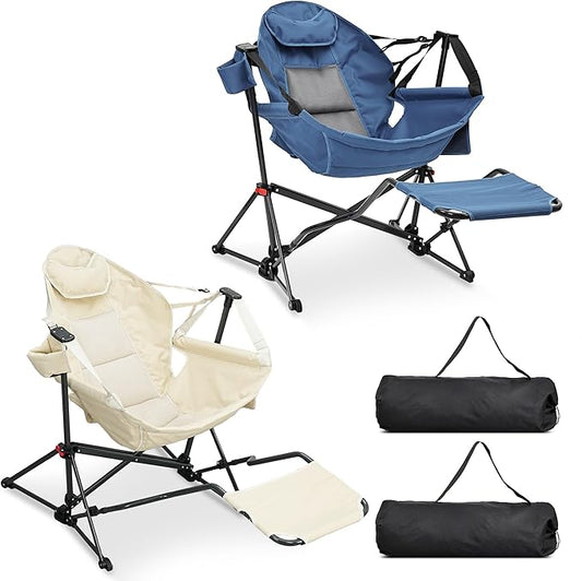 Ainfox Hammock Camping Chair with Footrest, Heavy Duty Foldable Portable Rocking Hammock Chairs Outside Swinging Camp with Cup Holder Pillow for Outdoor Patio Poolside Beige Dark Blue