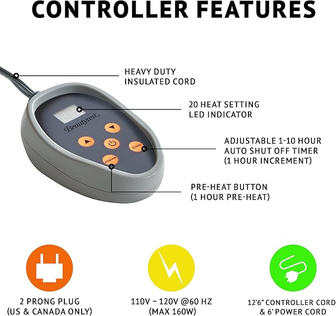 Beautyrest - BR54-0658 Heated Plush Elect Electric Blanket with 20 Heat Level Setting Controllers Equip with Secure Comfort Technology and 10 Hours Auto Shut Off, Twin: 62x84, Sapphire