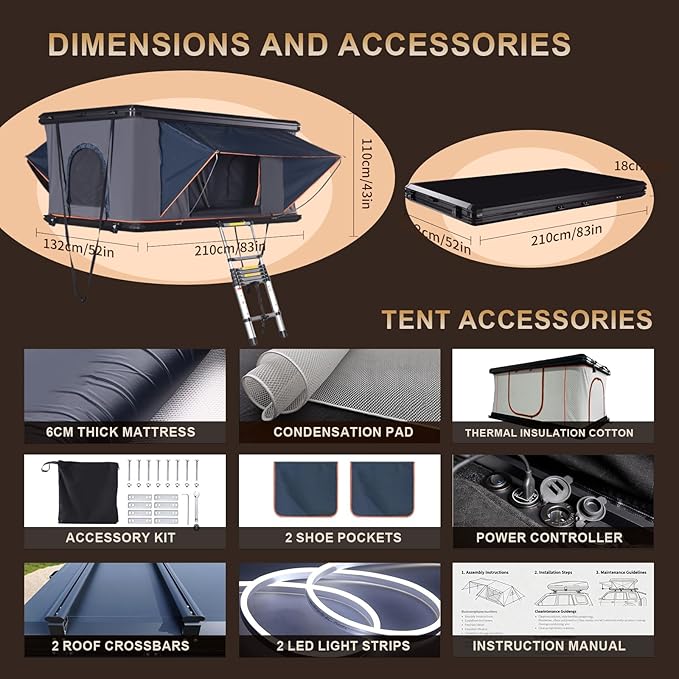 Hard Shell Roof Top Tent with Adjustable Crossbars, 4-Season Waterproof Pop-up Tent with Detachable Thermal Insulation Liner, Anti-Condensation Mat & USB Power Hub for Trucks, SUVs, Vans