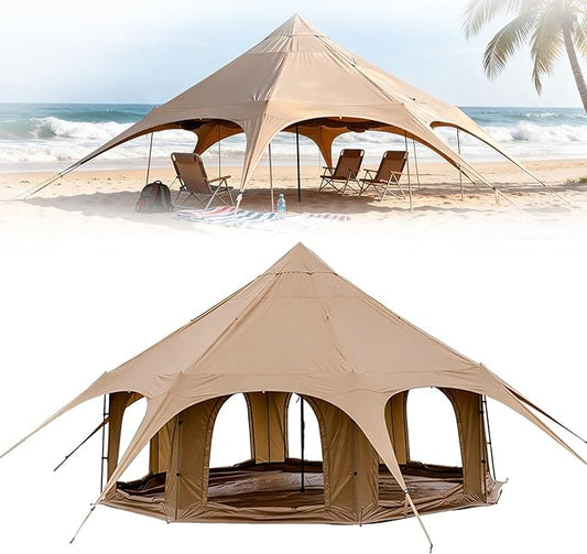 Bell Tent for Glamping & Camping – Water-Proof Canvas with Stove Jack, Removable Floor & 8 Mesh Windows (Fits 12-15 People) for Glamping Family Camping Zipped Removable Floor