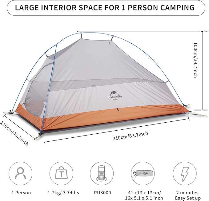 Naturehike Cloud Up 1 Person Tent, Lightweight Backpacking Tents for One Man, Waterproof Ultralight One Person Tent for Camping Hiking Backpacking