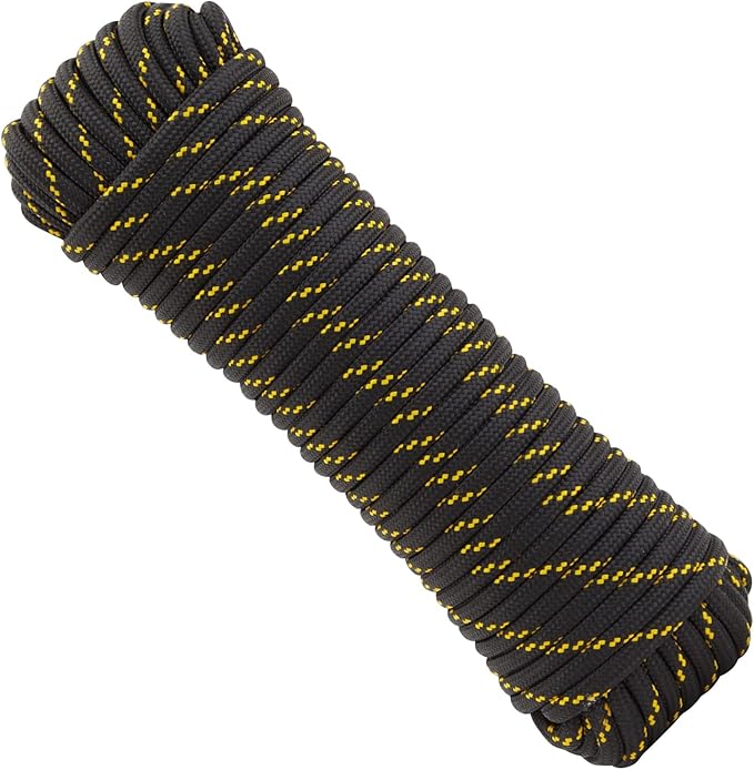 Diamond Braided Rope - 3/8 in x 100 ft, Black & Yellow Polyester - Low Stretch & High Shock Absorbency for Boat Rope, Trailer Tie Down, Emergency Shelter & Outdoor Gear