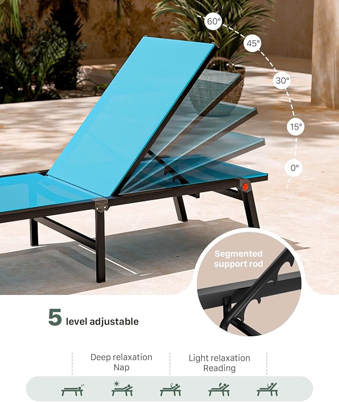 Aluminum Chaise Foldable Patio Lounge Chair Outdoor, Metal Deck Lounger Adjustable 5-Position Recliner Pool Chase Breathable Full Flat Outside Sun Tanning Chairs for Beach/Poolside/Lawn(Blue, 1 Pack)