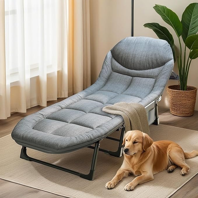 Chaise Lounge Chair, Folding Cot, 6-Angle Adjustable Camping Cot with Mattress for Patio and Beach, Foldable Bed Portable Heavy Duty Lay Flat Reclining with Pillow (Grey, XL - 80")