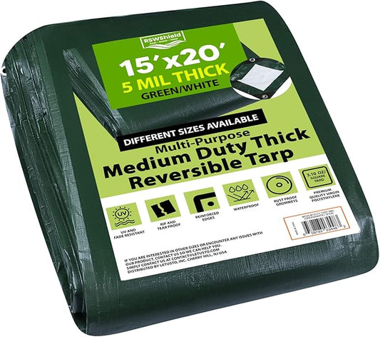 Medium Duty Waterproof 5 Mil. Reversible (Hunter Green/White) Tarp Cover, UV Resistant, Rip and Tear Proof Tarpaulin with Reinforced Edges - for Roof, Camping, Patio, Pool Cover, Boat (15'X20')