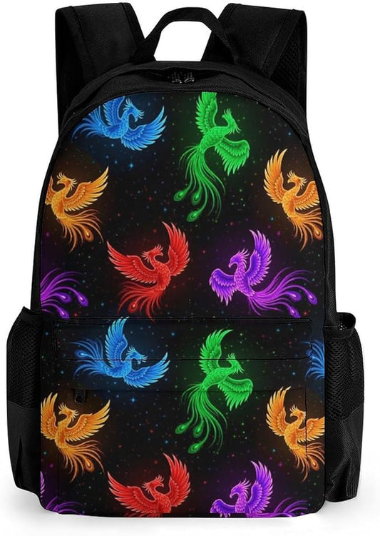Men Women Polyester Colorful Fire Flame Birds Black Daypack Bookbag Big Capacity Shoulder Bag With Padded Straps for Climbing Travel Walking Cycling
