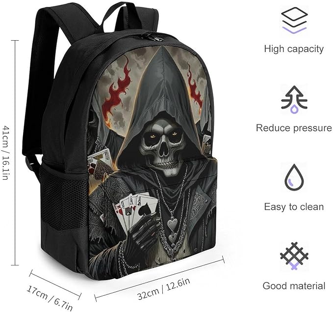 Backpack Polyester Anti-Theft Multipurpose Skull Fire Poker Cards Bookbag Large Capacity Laptop Book Bag Rucksack With Side Pockets