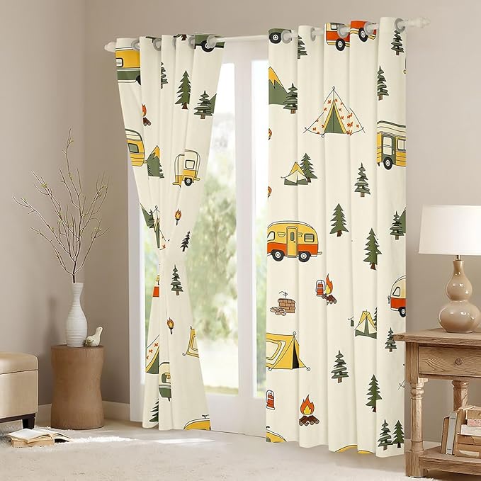 Erosebridal Camping Adventure Window Curtains 42" Wx84 L Happy Camping Blackout Curtains for Bedroom Living Room,Camper Campfire Pine Trees Window Treatments Tent Outdoor Life Drapes Decor 2 Panels