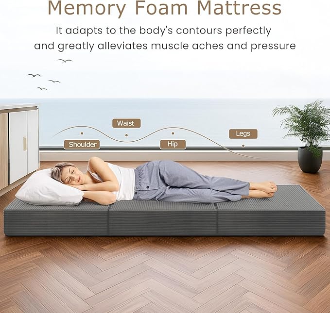 6-Inch Tri-Fold Mattress Twin Size - Foldable Futon Sofa Bed with Removable Washable Cover, Folding Memory Foam Futon Mattress | Non-Slip Bottom & Carry Handles for Guest, Camping, Dorm