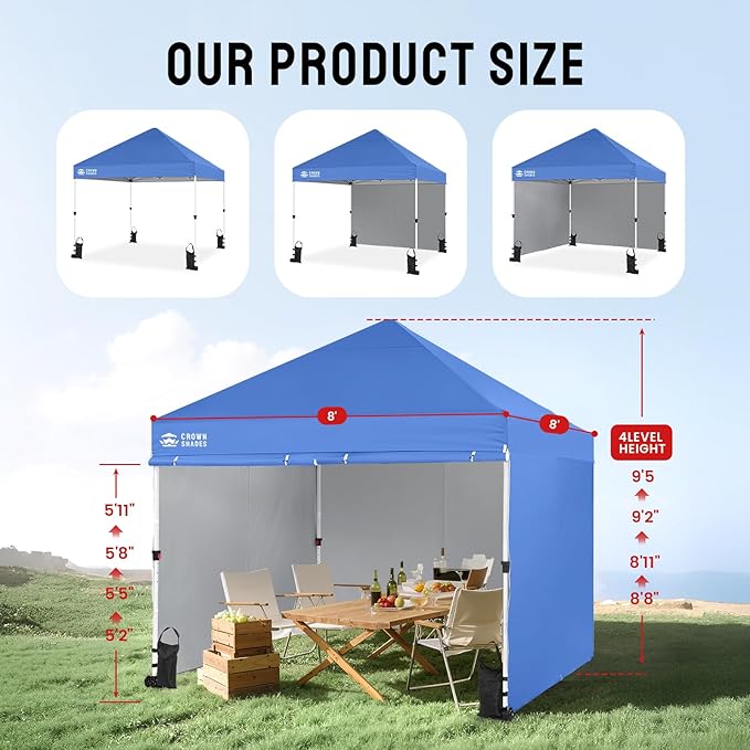 CROWN SHADES Pop Up Canopy Tent, 8x8 Commercial Canopy Tent with 4 Sidewalls, 4" Wheels, 4 Upgraded Weights, Patented Centerlock, 400D Fabric, Sto'N Go Bag, Blue