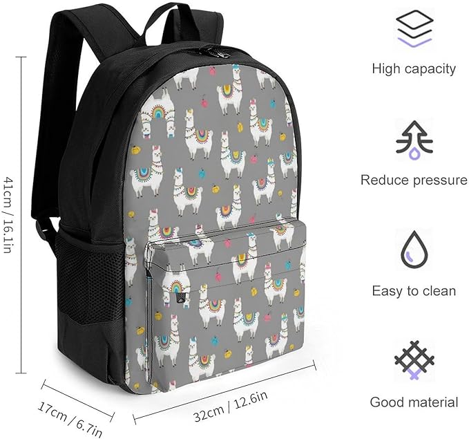 Women Men Polyester Cute Llama Alpaca Casual Daypack Large Capacity Bookbag With Side Pockets for Sports Picnic Walking Cycling