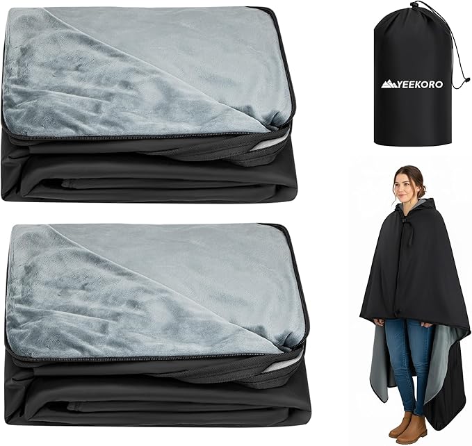 Large Camping Blanket, Hooded Stadium Blanket with Crystal Velvet Lining, Waterproof Windproof Warm Outdoor Blankets for Camping, Picnic, Stadium, Sports, Beach, Concerts (59"x 79")