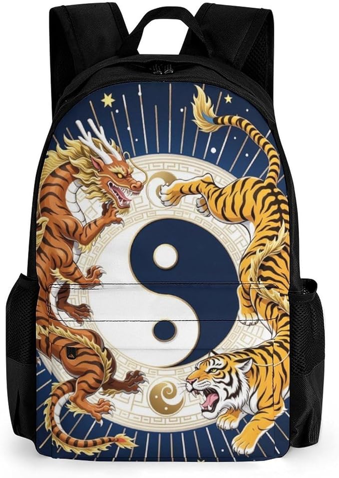 Daypack Backpack Multipurpose Anti-Theft Large Capacity Bookbag, Yin Yang Dragon Tiger Travel Hiking Camping Rucksack With Adjustable Shoulder Straps