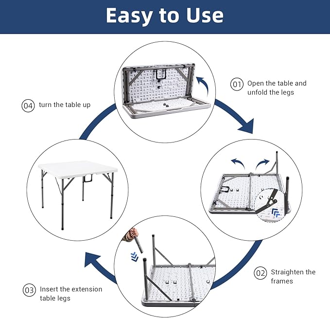 34" Square Folding Card Table, Fold-in-Half Utility Dining Portable Table Heavy Duty HDPE White Plastic Foldable with Carrying Handle Indoor Outdoor for Picnic, Camping, Party
