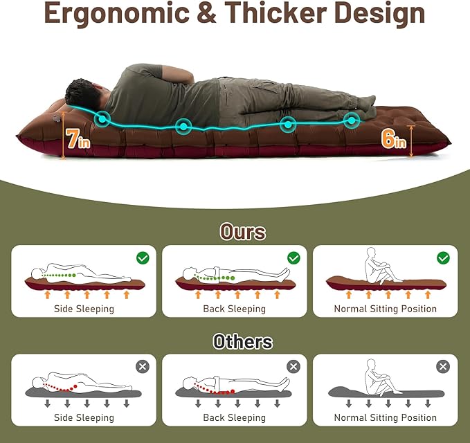 KASBAH Camping Sleeping Pad,Extra Wide 6 inch Thick Inflatable Sleeping Pads with Built-in Foot Pump and Pillow,Ultralight Camping Mat Gear for Outdoor Hiking,Camping