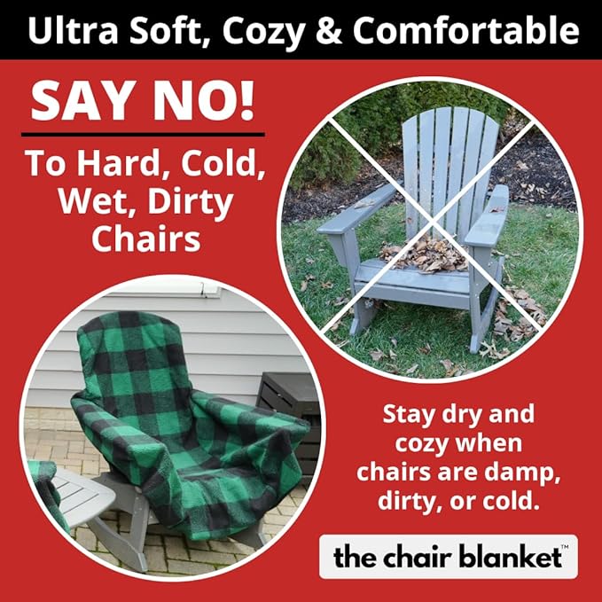 The Chair Blanket – Reversible, Waterproof & Sherpa-Lined - Stretchable Elastic Back - Original Patio Chair Cover – Ideal for Homes and Outdoor Furniture- with Carry Pouch (Green Plaid)