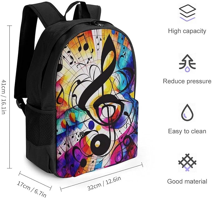 Supdreamc Men Women Lightweight Abstract Music Notes Colorful Backpack Large Capacity Bookbag With Smooth Zippers for Gym Business Running