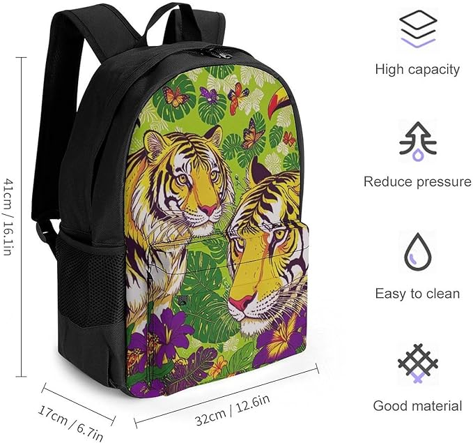 Supdreamc Backpack Lightweight Anti-Theft Multipurpose Tropical Floral Wild Animals Tigers Parrot Green Shoulder Bag Large Capacity Travel Hiking Backpack With Padded Straps