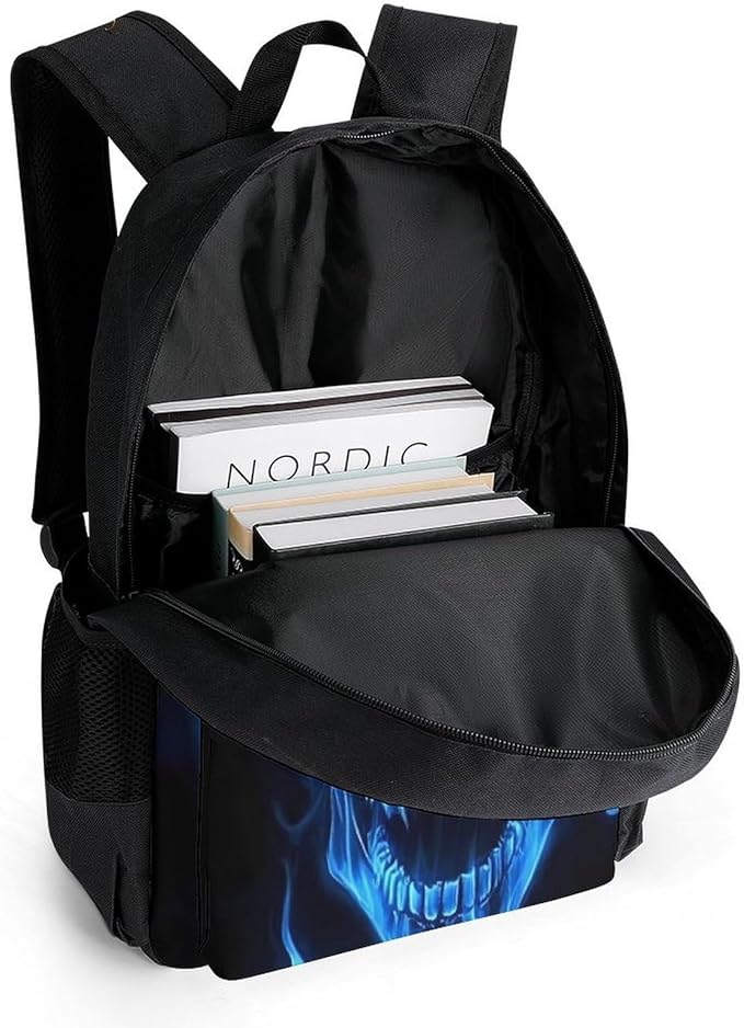 Supdreamc Backpack Multipurpose Anti-Theft Large Capacity Bookbag, Fire Flaming Blue Cool Skull Travel Hiking Daypack With Side Pockets