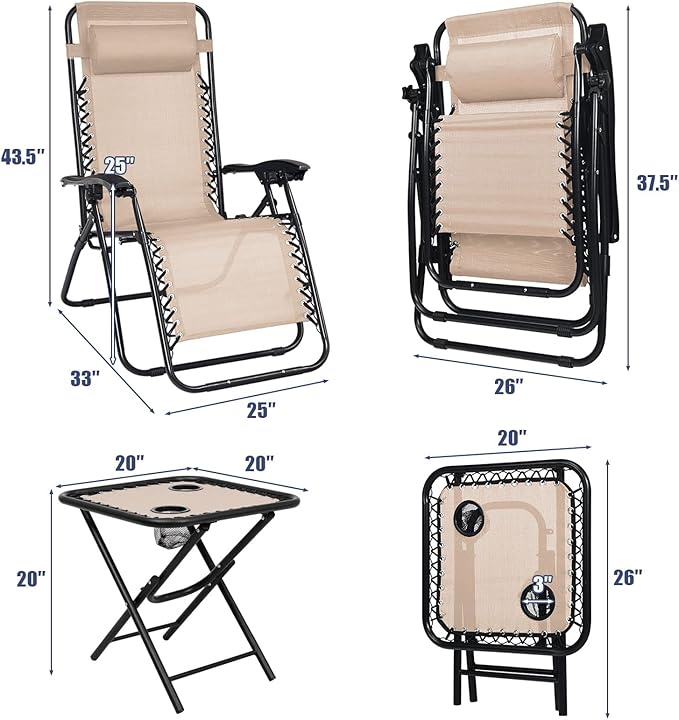 S AFSTAR Zero Gravity Chairs Set of 2, 3 PCS Folding Zero Gravity Lawn Chair Set with Side Table Cup Holders & Adjustable Headrest, Reclining Patio Chairs, Zero Gravity Lounger for Patio Poolside