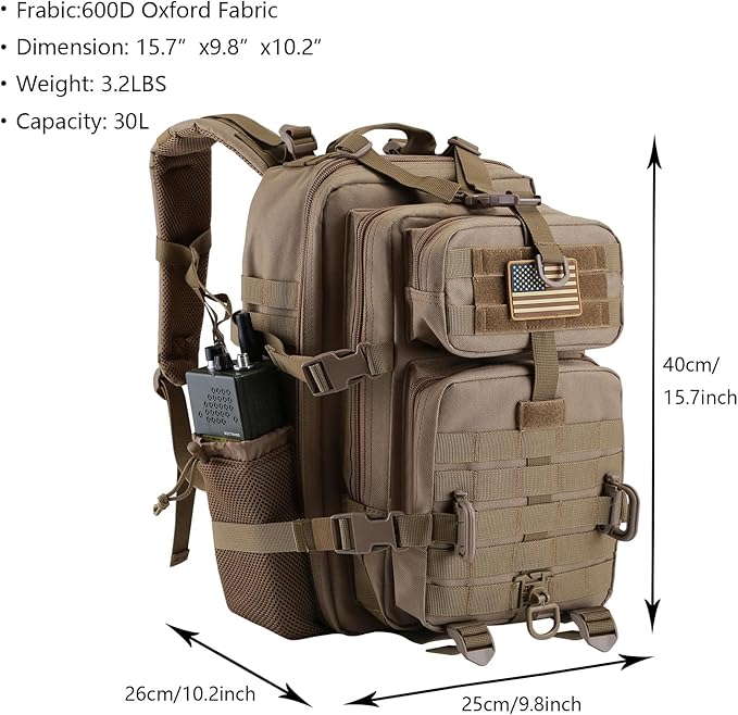 30L MOLLE Assault Pack, Tactical Backpack Military Army Camping Rucksack with Bottle Holder, 3-Day Pack, Khaki