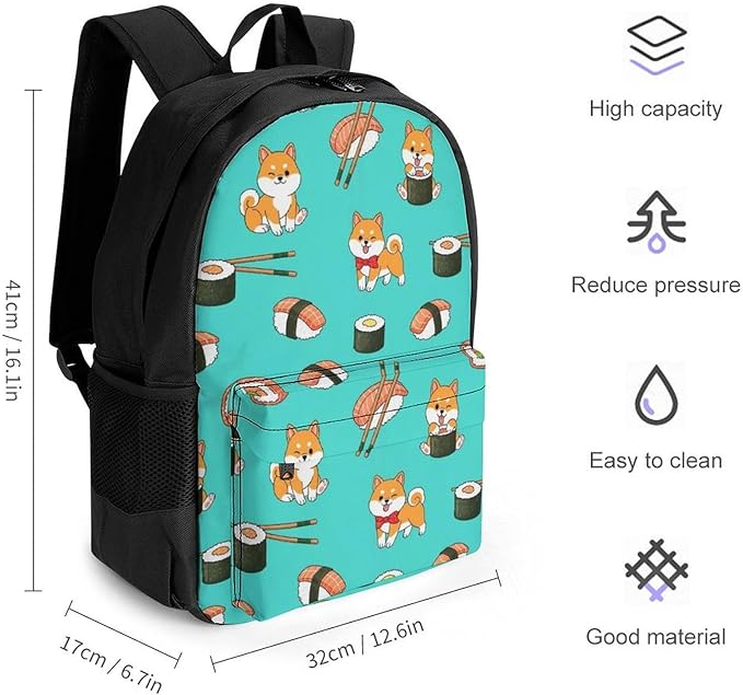 Supdreamc Lightweight Daypack Backpack for Sports Travel Running, Large Capacity Multipurpose Anti-Theft Bookbag, Shiba Inu And Sushi Laptop Backpack Daypack