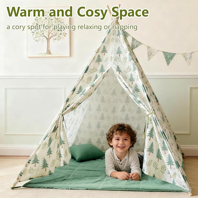 Forest Teepee Tent for Kids Indoor & Outdoor Play Tent Playhouse with Mat&Light, Peach-Skin Fabric, Solid Pine Poles, Nature-Inspired Hideaway Toddler Tents for Boys & Girls,Kids Room Decor Sleepover