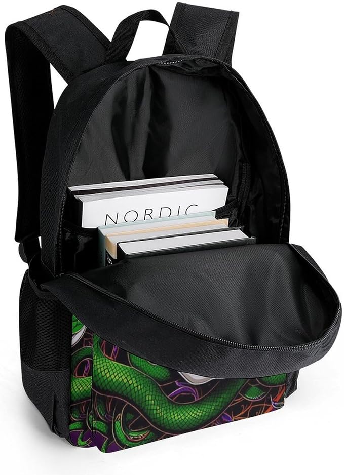Men Women Polyester Medusa Skull Green Snake Art Daypack Big Capacity Shoulder Bag With Smooth Zippers for Hiking Work Walking Cycling