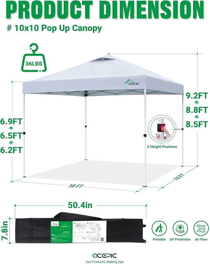 10x10 Pop Up Canopy Tent, One Push Instant Outdoor Gazebo with Vented Top, Upgraded 300D Silver Coated Sun Shade for Parties Camping Vendor, Includes Wheeled Bag and 4 Sandbags, White